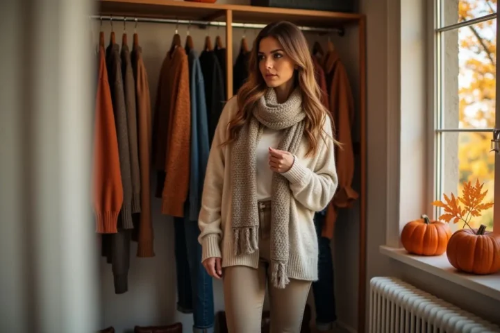 woman choosing stylish autumn outfits for a cozy fall wardrobe