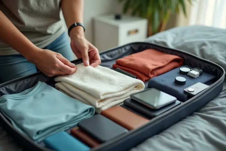 traveler efficiently organizing clothes and essentials into one compact bag