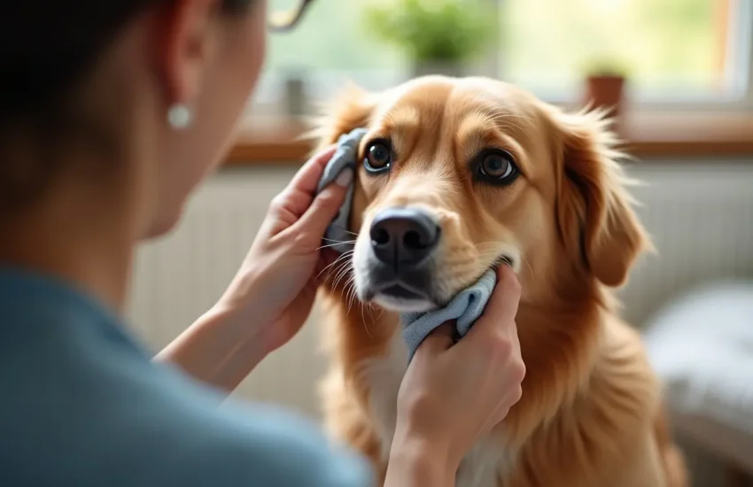 pet owner gently cleaning dog’s eyes to maintain healthy vision