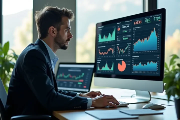 investor analyzing diverse etf portfolio performance on digital financial dashboard