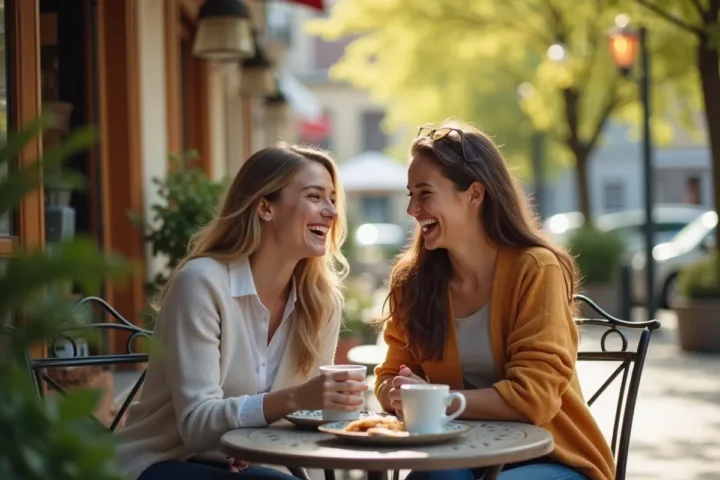 two friends joyfully reconnecting and laughing together at outdoor cafe