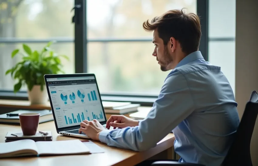 young man working on laptop for online business education