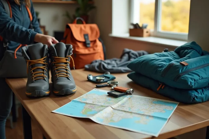 traveler organizing essential adventure gear and clothing for exciting vacation trip