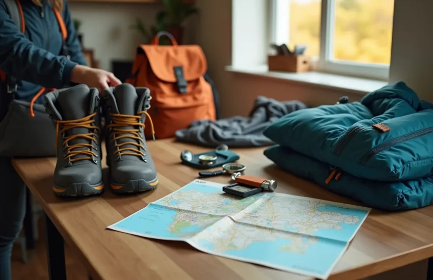 traveler organizing essential adventure gear and clothing for exciting vacation trip