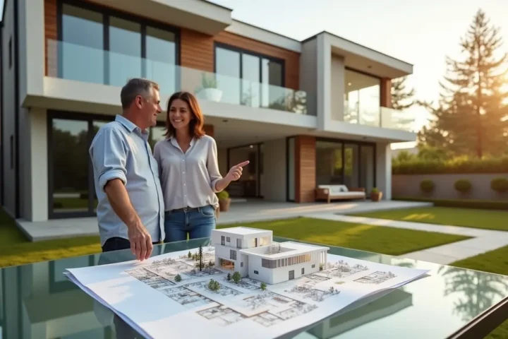 couple reviewing advantages of purchasing a freshly built contemporary home