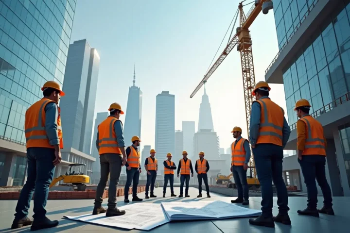 construction crew working with specialized contractors to build modern structures