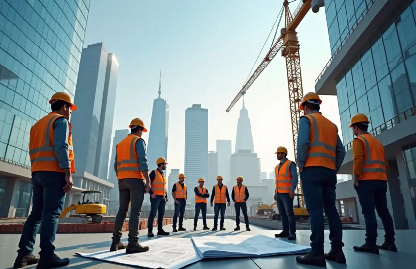 construction crew working with specialized contractors to build modern structures