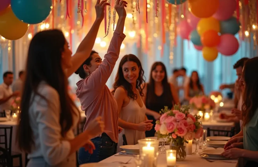 friends decorating venue and preparing for lively unforgettable party celebration