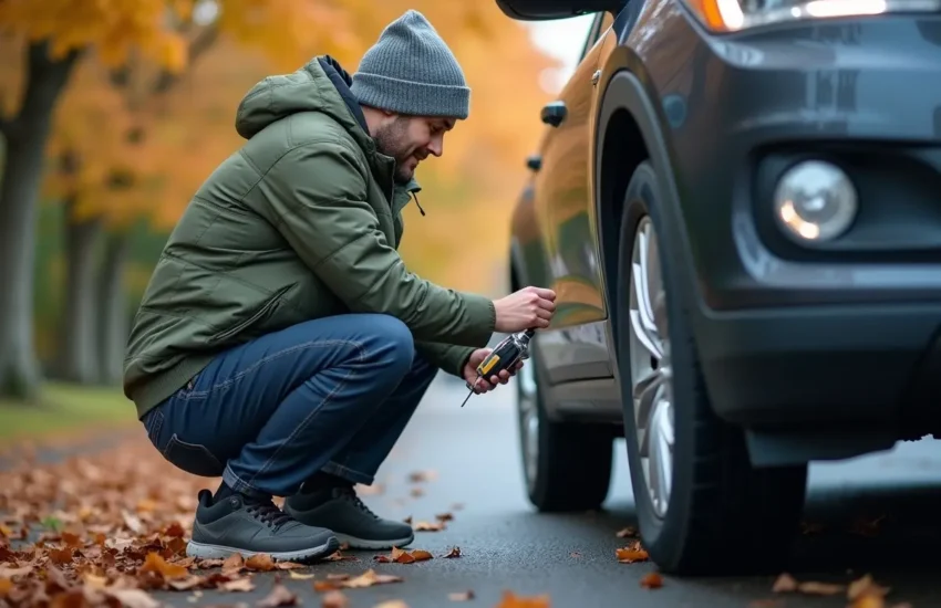 driver checking tire pressure to stay safe during seasonal temperature changes