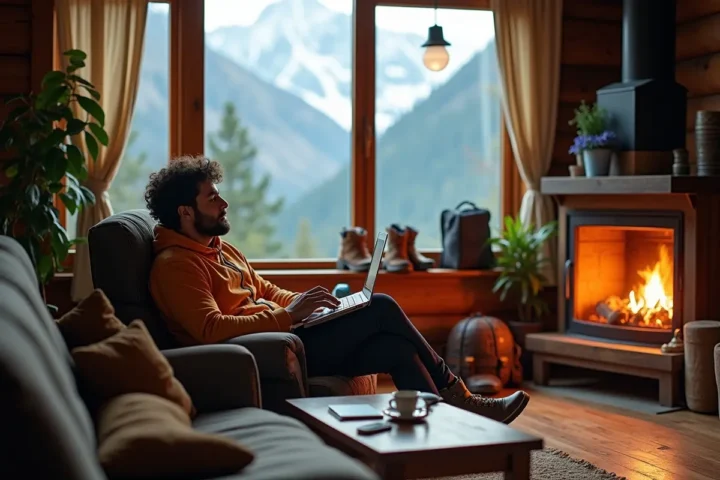 traveler enjoying cozy indoor space after outdoor adventure plans