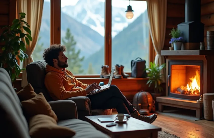 traveler enjoying cozy indoor space after outdoor adventure plans