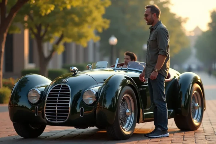 car enthusiast admiring iconic vehicle design with strong visual presence