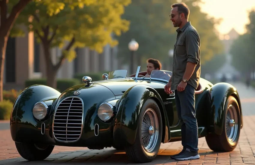 car enthusiast admiring iconic vehicle design with strong visual presence