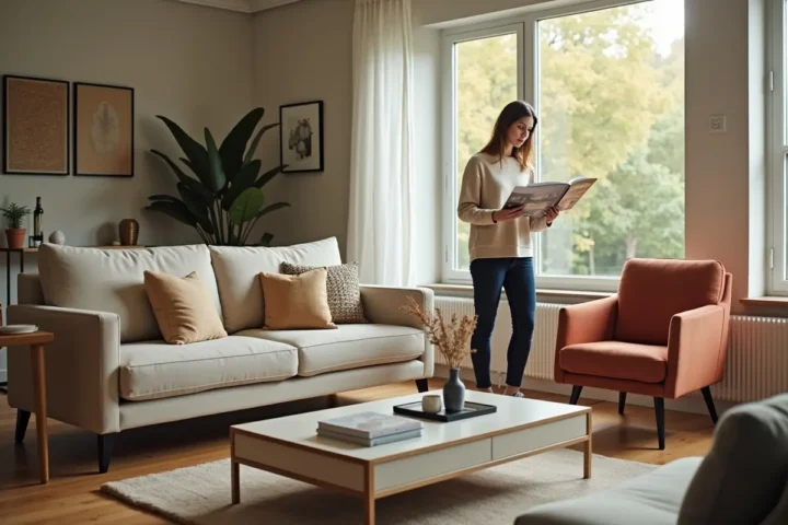 homeowner selecting stylish affordable living room furniture pieces