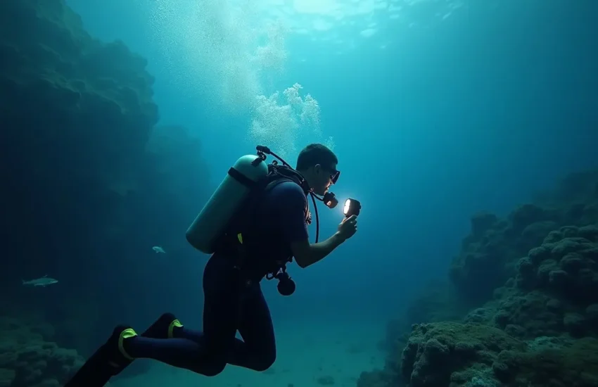 diver using handheld sonar device to explore underwater environment