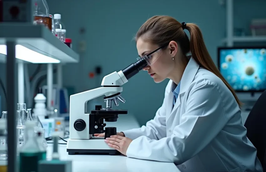 scientist analyzing individual cells under laboratory microscope