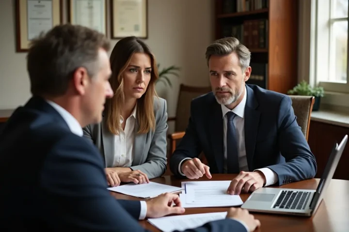 divorcing couple reviewing legal documents with attorney