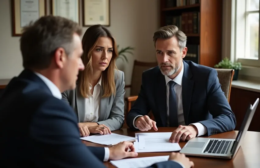 divorcing couple reviewing legal documents with attorney