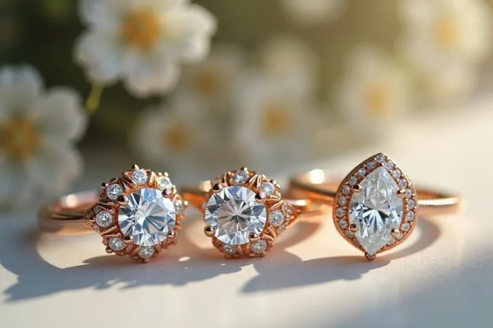 engagement ring selection guide showing diamonds and settings