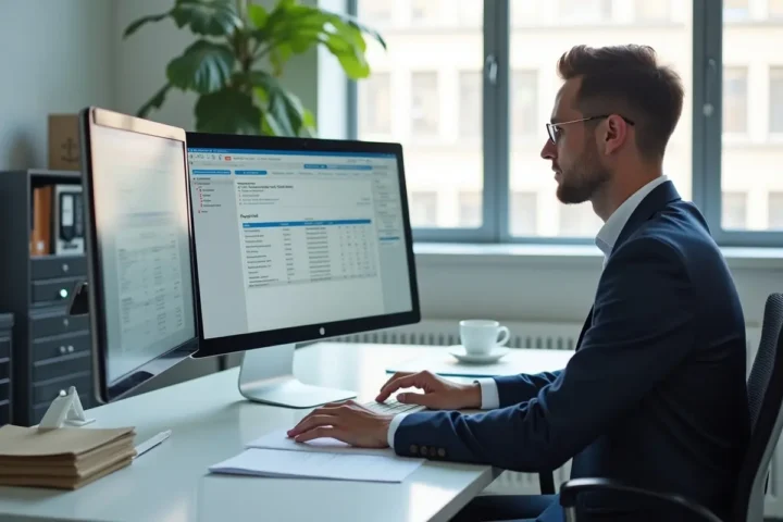 hr manager reviewing upgraded payroll software system