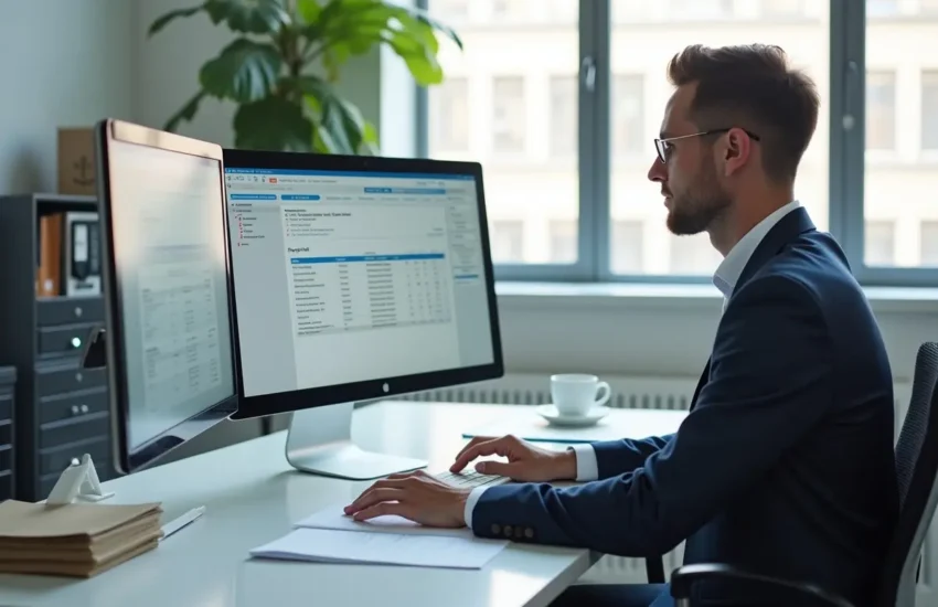 hr manager reviewing upgraded payroll software system