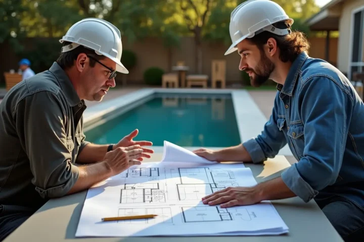 homeowner meeting pool builder reviewing design plans