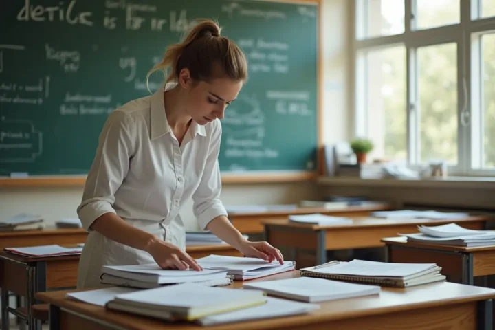 teacher facing classroom challenges while organizing lesson materials