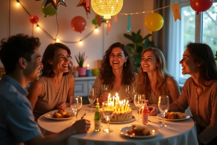 friends celebrating birthday party with creative themed decorations