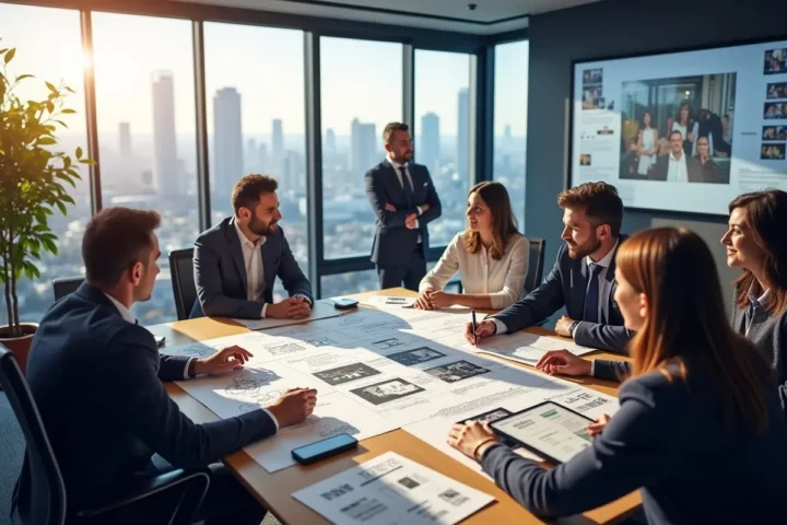 production team planning corporate video shoot storyboard