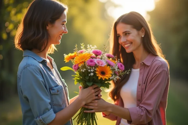 person delivering fresh flowers to smiling recipient