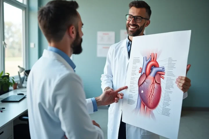 doctor explaining heart valve disease using medical diagram