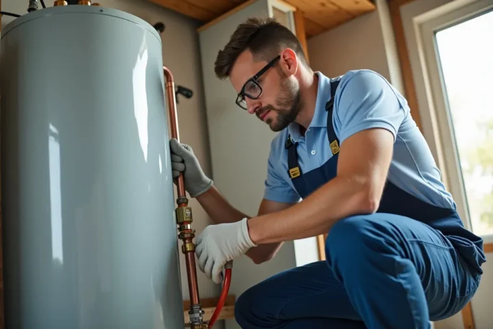 technician installing residential hot water heater system