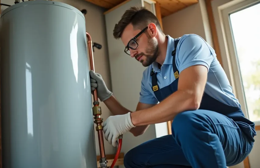 technician installing residential hot water heater system