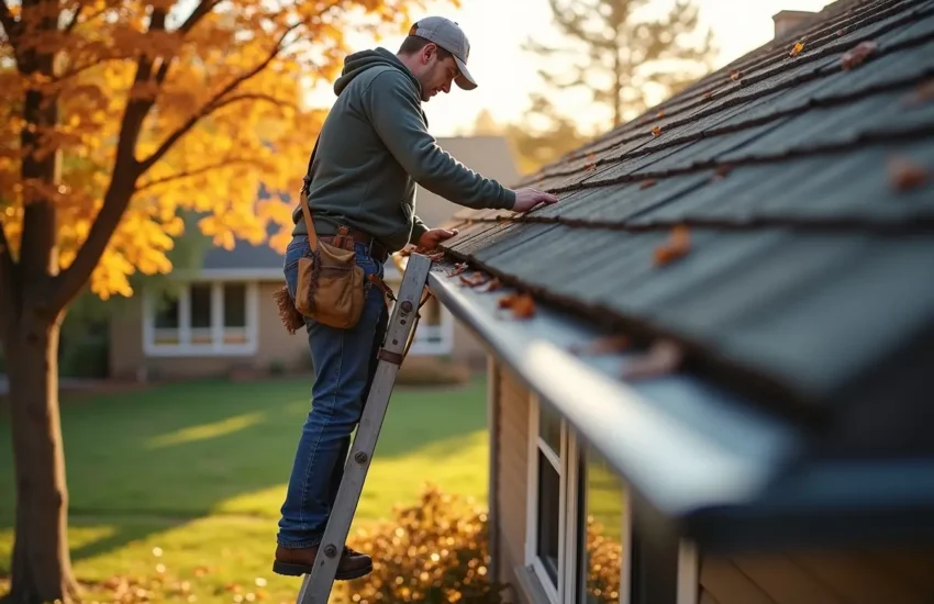 homeowner cleaning house gutters during seasonal maintenance for optimal drainage