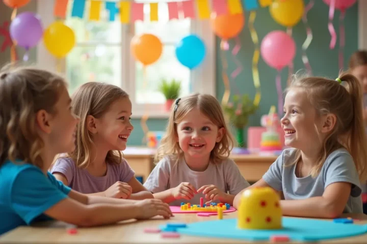 kids enjoying fun themed party with decorations and entertainment activities