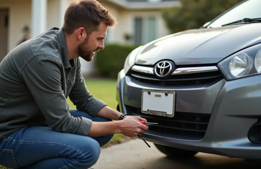 driver replacing faded license plate on vehicle