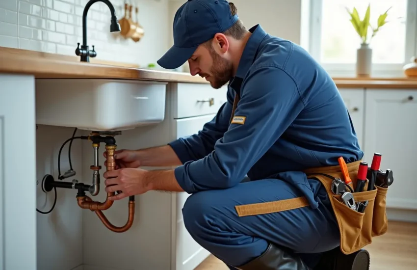plumber repairing home plumbing system with professional tools and expertise