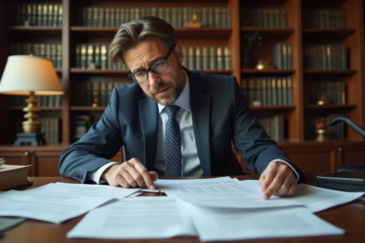 lawyer reviewing detailed medical records in office