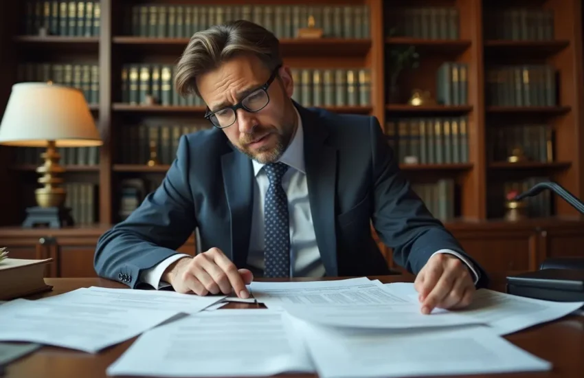 lawyer reviewing detailed medical records in office