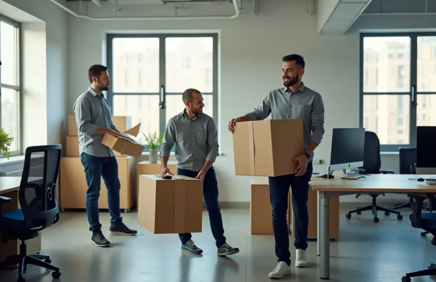 professional movers relocating office furniture and equipment