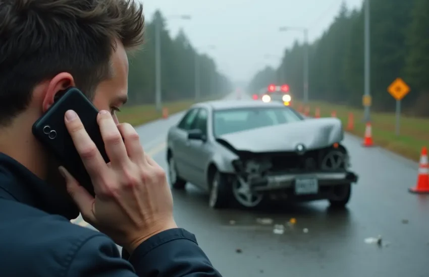 driver calling emergency services after car accident