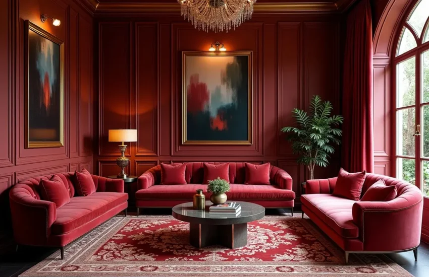 luxurious interior design featuring gold accents and velvet furnishings