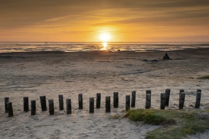 sunset over sandy beach with wooden posts along shoreline