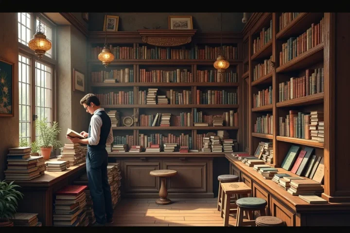 reader exploring bookstore with diverse and extensive book collections