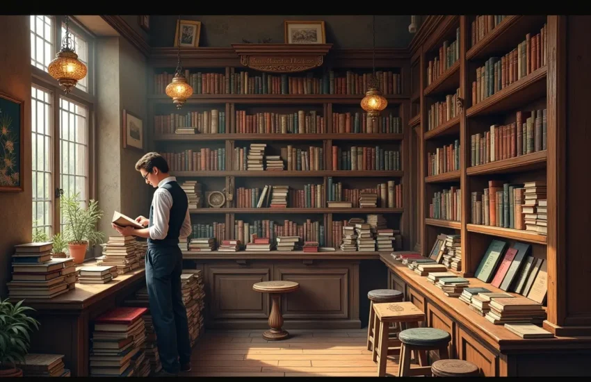 reader exploring bookstore with diverse and extensive book collections