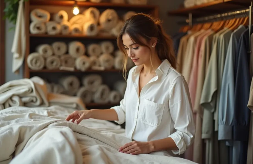 woman selecting soft breathable fabric for comfortable casual dress wear