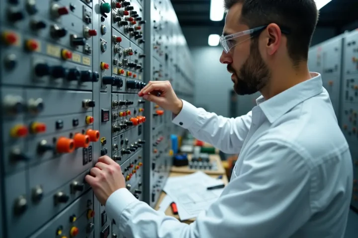 engineer comparing rotary switches and push buttons for control systems