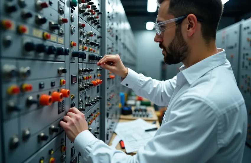 engineer comparing rotary switches and push buttons for control systems