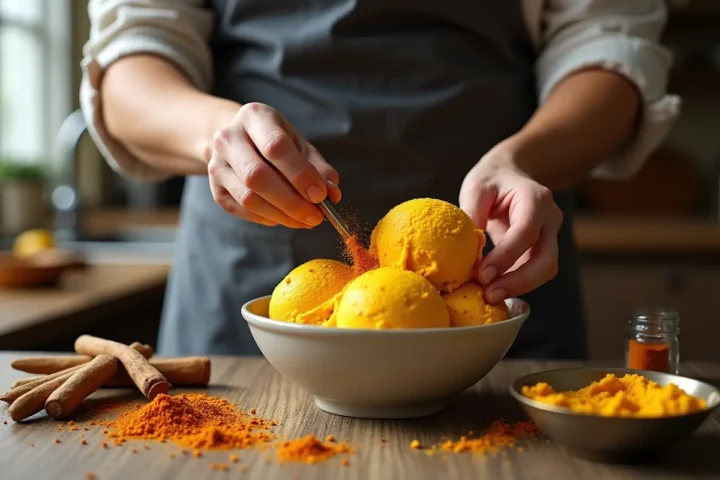 person adding warm spices to homemade turmeric ice cream mixture
