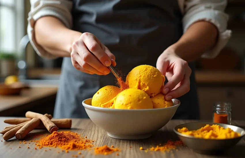 person adding warm spices to homemade turmeric ice cream mixture